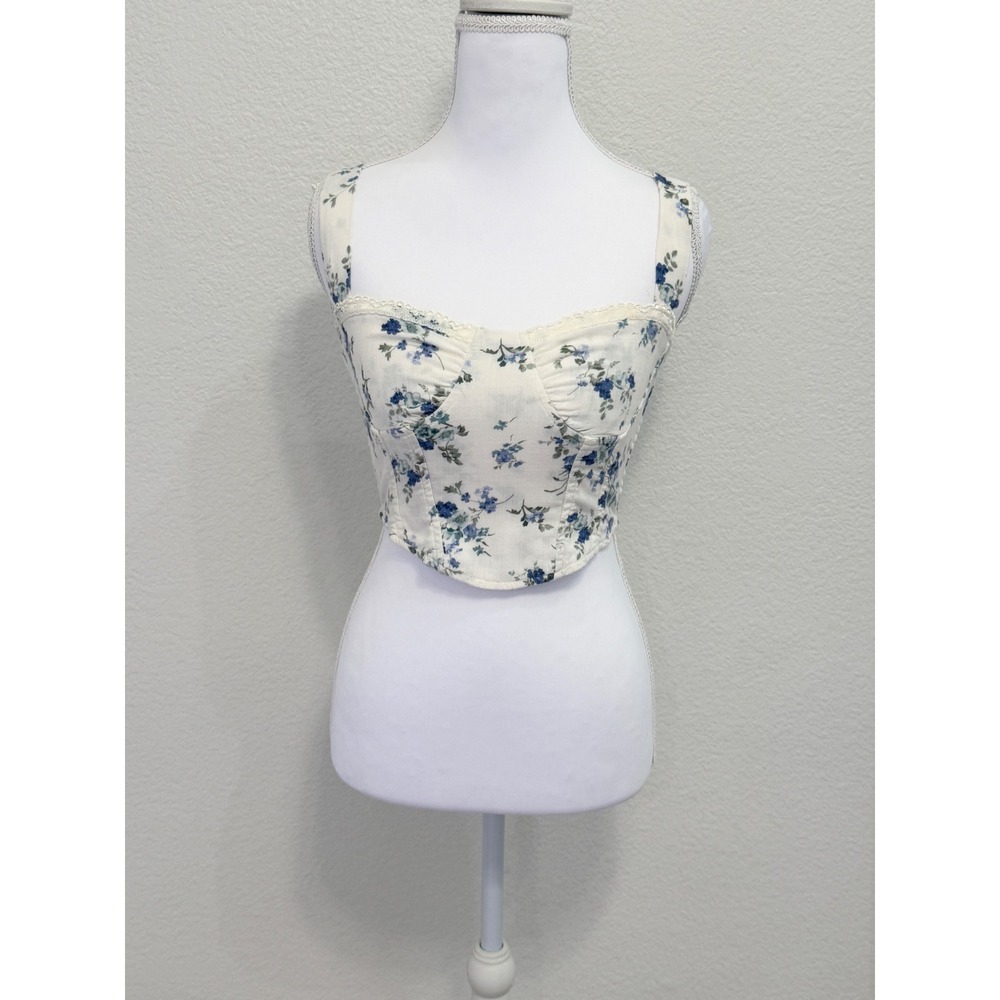 Altar'd State Blue Floral Lace Trim Smocked Corset Crop Top XS